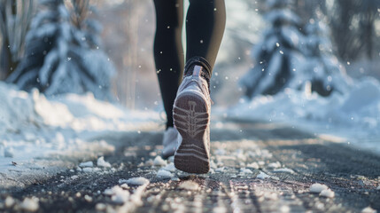 Woman's legs, clad in sports shoes, jogging in the snow from a rear perspective. 