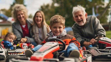 Happy family having fun on a kart race in the park. - obrazy, fototapety, plakaty