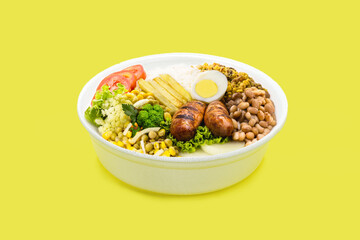 marmita or marmitex, Brazilian home-delivered lunch meal, with rice, sausage, farofa and salad,...