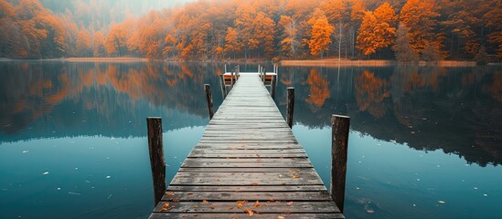 A wooden pier is seen reaching into a tranquil lake, creating a serene scene of reflection and...