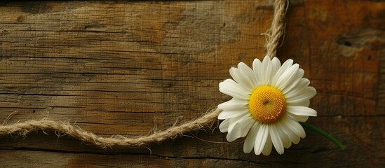 Obraz premium A white daisy with a vibrant yellow center rests on a wooden surface.