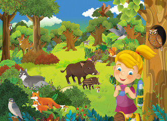 Obraz na płótnie Canvas cartoon scene with young kid traveling in the nature childhood cheerful scout illustration for children
