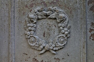 weatherd metal texture , wrought ornamented fence closep 