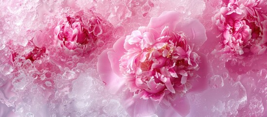This close-up photo captures a vibrant pink peony flower gracefully floating in water, displaying its delicate petals and intricate details.