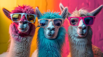 Schilderijen op glas Cool vibes emanate as a stylish llama, wearing colorful sunglasses, strikes a relaxed pose in a photo studio illuminated by dynamic blue and pink lights, resulting in a captivating headshot profile © Marc