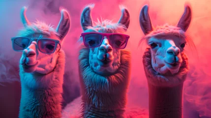 Fototapeten With the sun casting a warm glow, three chic llamas don colorful sunglasses, presenting a cool and laid-back demeanor in their headshot profiles, set against the serene beauty of a sun-kissed evening © Marc