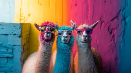 Papier Peint photo Lama Cool vibes emanate as a stylish llama, wearing colorful sunglasses, strikes a relaxed pose in a photo studio illuminated by dynamic blue and pink lights, resulting in a captivating headshot profile