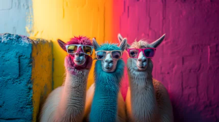 Zelfklevend Fotobehang Cool vibes emanate as a stylish llama, wearing colorful sunglasses, strikes a relaxed pose in a photo studio illuminated by dynamic blue and pink lights, resulting in a captivating headshot profile © Marc