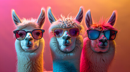 Cool vibes emanate as a stylish llama, wearing colorful sunglasses, strikes a relaxed pose in a photo studio illuminated by dynamic blue and pink lights, resulting in a captivating headshot profile