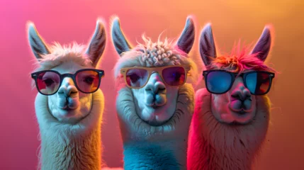 Deurstickers Cool vibes emanate as a stylish llama, wearing colorful sunglasses, strikes a relaxed pose in a photo studio illuminated by dynamic blue and pink lights, resulting in a captivating headshot profile © Marc