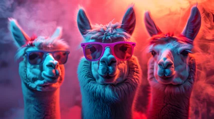 Cercles muraux Lama Cool vibes emanate as a stylish llama, wearing colorful sunglasses, strikes a relaxed pose in a photo studio illuminated by dynamic blue and pink lights, resulting in a captivating headshot profile