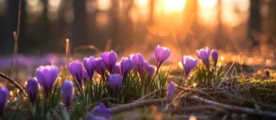 Raamstickers Beautiful spring scenery with a variety of purple crocus flowers blooming in lush green grass © 2rogan