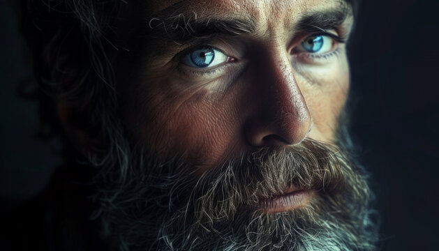 Intense Gaze of a Bearded Man with Striking Blue Eyes