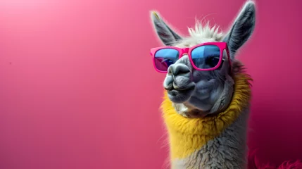 Foto op Canvas A nonchalant llama, adorned with trendy sunglasses, effortlessly poses in a photo studio bathed in the dynamic glow of blue and pink lights, setting a chill and vibrant tone for a captivating headshot © Marc