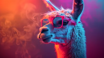 Deurstickers A nonchalant llama, adorned with trendy sunglasses, effortlessly poses in a photo studio bathed in the dynamic glow of blue and pink lights, setting a chill and vibrant tone for a captivating headshot © Marc