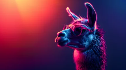 Poster A nonchalant llama, adorned with trendy sunglasses, effortlessly poses in a photo studio bathed in the dynamic glow of blue and pink lights, setting a chill and vibrant tone for a captivating headshot © Marc