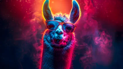 Rolgordijnen Sporting trendy sunglasses, a chilled-out llama exudes cool vibes with a headshot profile accentuated by vibrant blue and pink lights © Marc