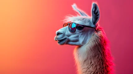 Papier Peint photo Lama A nonchalant llama, adorned with trendy sunglasses, effortlessly poses in a photo studio bathed in the dynamic glow of blue and pink lights, setting a chill and vibrant tone for a captivating headshot