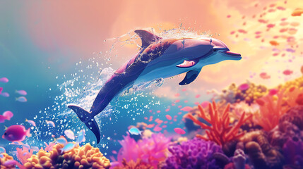 A lively dolphin leaping out of the water in a burst of sparkling droplets