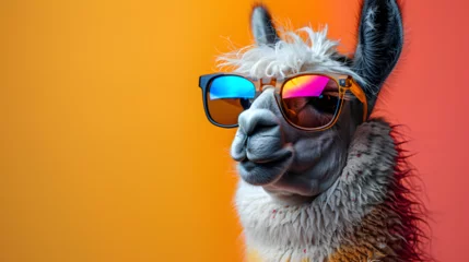 Foto op Canvas Cool and relaxed Lama with colorful sunglasses in a photo studio light, good vibes chill, vibrant color lights, blue and pink illuminate, head shot profile photo © Marc