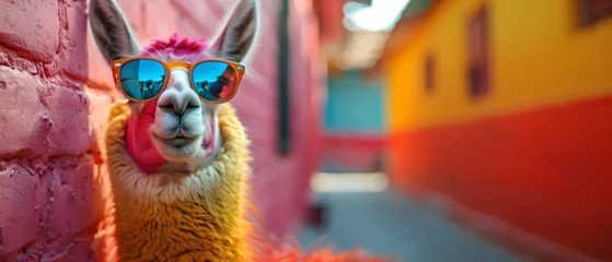 Foto op Plexiglas Coolness personified, a llama in stylish sunglasses strikes a relaxed pose, capturing a headshot profile amidst vibrant blue and pink lights © Marc