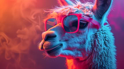 Foto op Plexiglas A laid-back and stylish llama donning vibrant sunglasses strikes a pose in a well-lit photo studio, emanating cool vibes with the play of blue and pink lights, creating an illuminating profile headsho © Marc