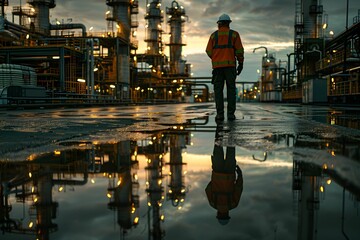 "A professional industrial engineer in safety gear observing the complex operations of a large oil refinery at dusk."