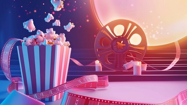 Immerse yourself in the charm of vintage cinema with this nostalgic vector illustration, depicting the concept of online art movie watching. Enjoy the experience with popcorn and the classic allure