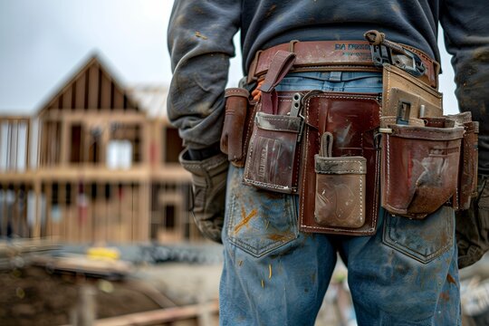 Close-up of a skilled worker's tool belt with a home construction site in the background, emphasizing craftsmanship and the building industry.
