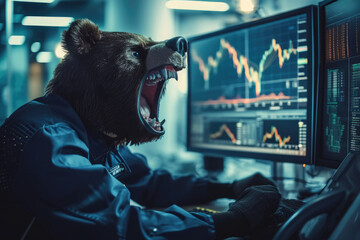 Bear Markets: Investor with Bear Head Intensely Analyzing Monitors, Strategizing Amid Financial Crisis, Navigating Stock Market Challenges with a Keen Eye on Unfavorable Trends