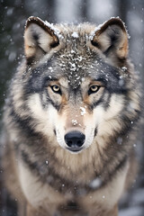 Naklejka na ściany i meble Primal Majesty: A Captivating Close-Up Portrait of a Lone Grey Wolf Amidst Snowy Wilderness