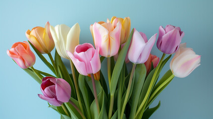 Bouquet of Soft Pink Tulips on Blue Background: Fresh Colorful Spring Flowers for Valentine's Day, Easter, Women's Day, and Mother's Day Celebrations
