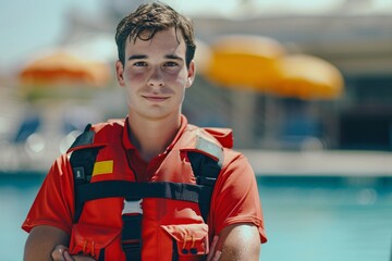 Portrait d'un jeune sauveteur devant une piscine » IA générative