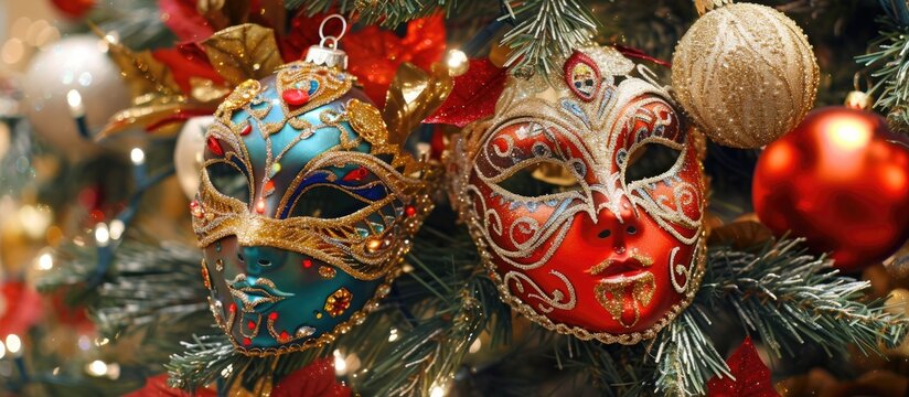 This closeup photo showcases a festive display of two carnival masks placed on a Christmas tree.