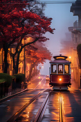 trolley in hilly city in autumn with fall colors in the trees and wet streets watercolor - obrazy, fototapety, plakaty