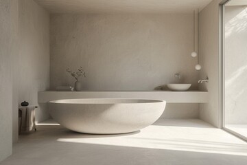 Fototapeta na wymiar A minimalist bathroom with a sleek and modern design. The space features a large soaking tub and a floating vanity, both made of polished concrete. The walls are painted in a soft white, generative ai