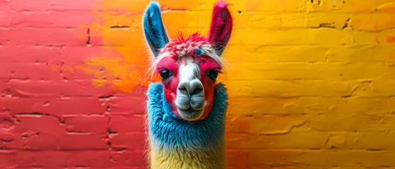 Foto auf Acrylglas Lama A laid-back and stylish llama donning vibrant sunglasses strikes a pose in a well-lit photo studio, emanating cool vibes with the play of blue and pink lights, creating an illuminating profile headsho