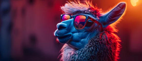 Cercles muraux Lama Cool and relaxed Lama with colorful sunglasses in a photo studio light, good vibes chill, vibrant color lights, blue and pink illuminate, head shot profile photo