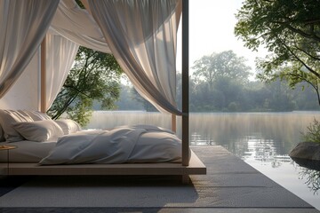 A minimalist bedroom with a large canopy bed overlooking a calm lake surrounded by trees. HD, realistic, soft lighting generative ai