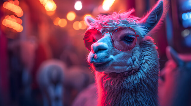 A laid-back and stylish llama donning vibrant sunglasses strikes a pose in a well-lit photo studio, emanating cool vibes with the play of blue and pink lights, creating an illuminating profile headsho