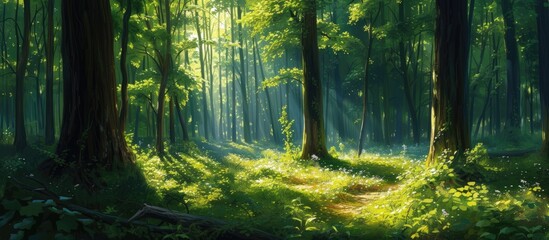This photo depicts a path winding through a vibrant green forest, with tall tree trunks casting dappled light and shadows.