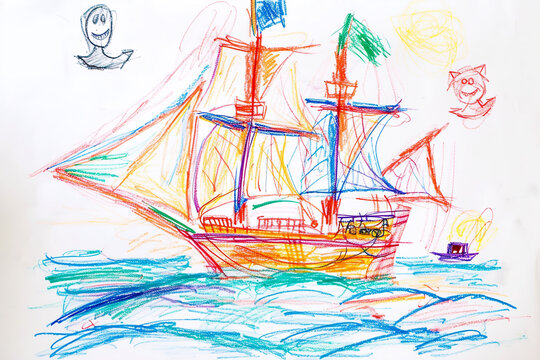 Pirate ship sailing the high seas in search of treasure 4 year old's simple scribble colorful juvenile crayon outline drawing