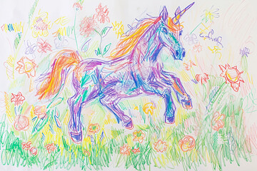 Magical unicorn prancing in a field of flowers 4 year old's simple scribble colorful juvenile crayon outline drawing - obrazy, fototapety, plakaty