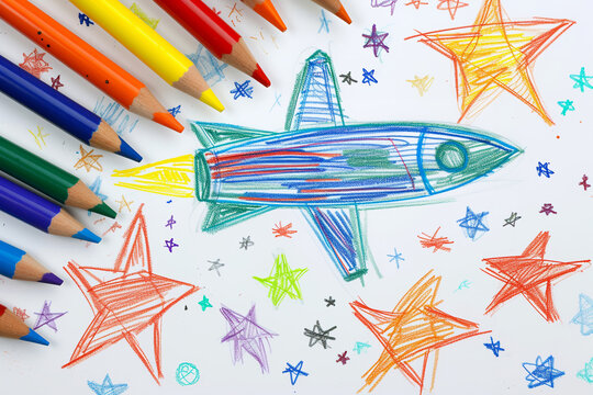 Spaceship flying among the stars 4 year old's simple scribble colorful juvenile crayon outline drawing
