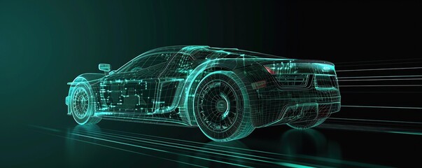 Futuristic 3D wireframe sports car concept on plain background.