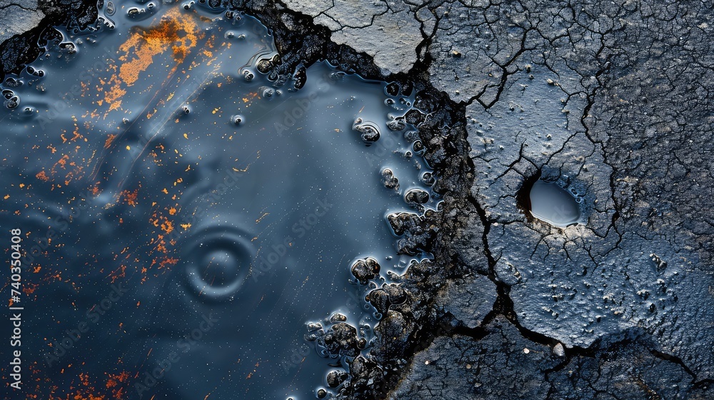 Poster background of gasoline in a puddle. top view. ai generative.