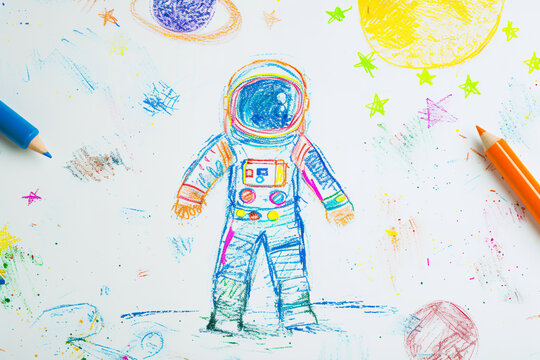 Astronaut exploring the surface of the moon 4 year old's simple scribble colorful juvenile crayon outline drawing