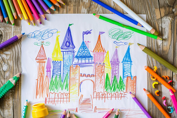 Enchanted castle with towers and a drawbridge 4 year old's simple scribble colorful juvenile crayon...