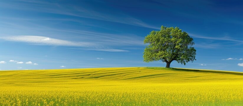 A stunning photograph capturing the beauty of a lone tree standing tall amidst a field of vibrant yellow rapeseed flowers under a clear blue sky.