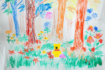 Teddy bear's picnic in a lush forest 4 year old's simple scribble colorful juvenile crayon outline drawing